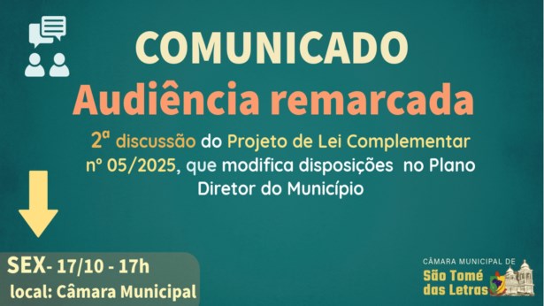 Câmara informa nova data para a segunda audiência pública sobre o Plano Diretor de São Tomé das Letras